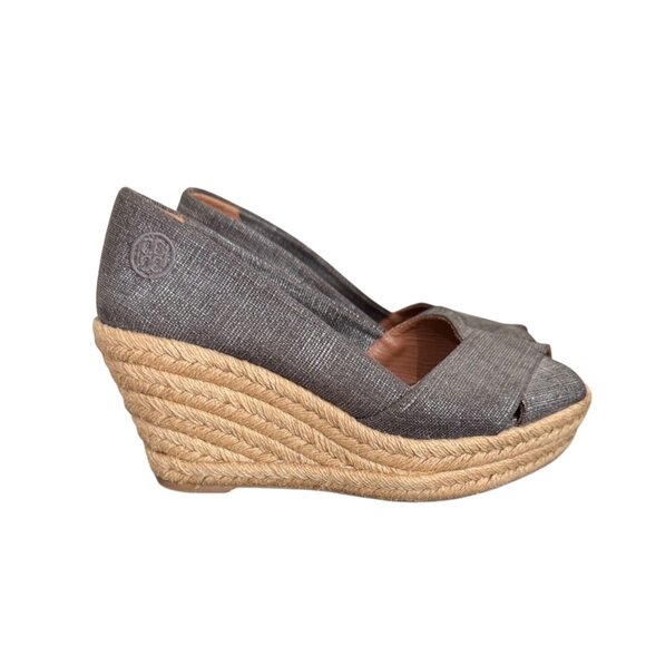 Tory Burch Shoes Size 6 Espadrille Grey Shine Metallic Shine Peep Toe Wedge Heel - Picture 1 of 15